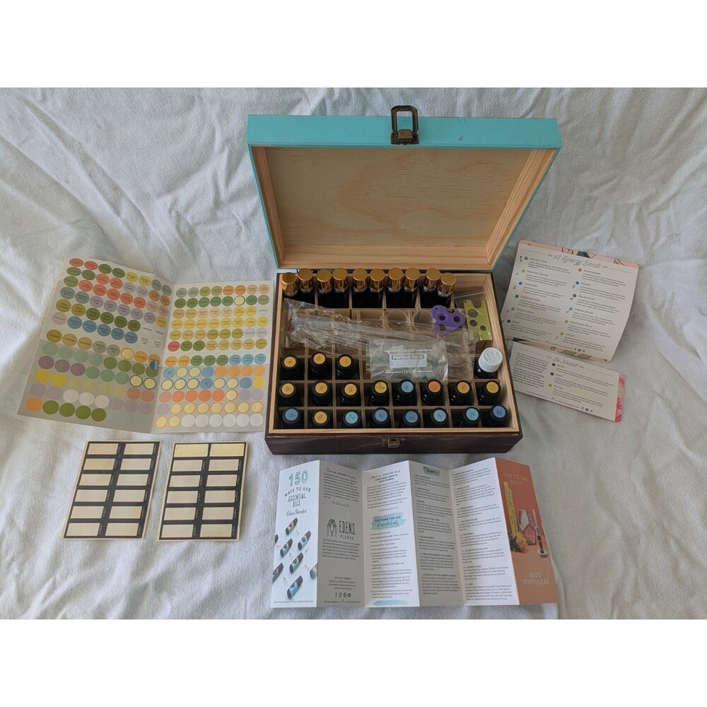 Edens Garden Essential Oil Set Wooden Storage Box Case Droppers Stickers Guides